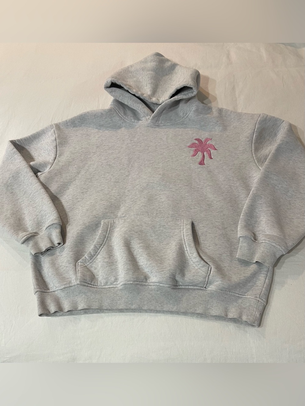 Pink Palm Puff Light Gray Hoodie with Pink Palm Embroidery